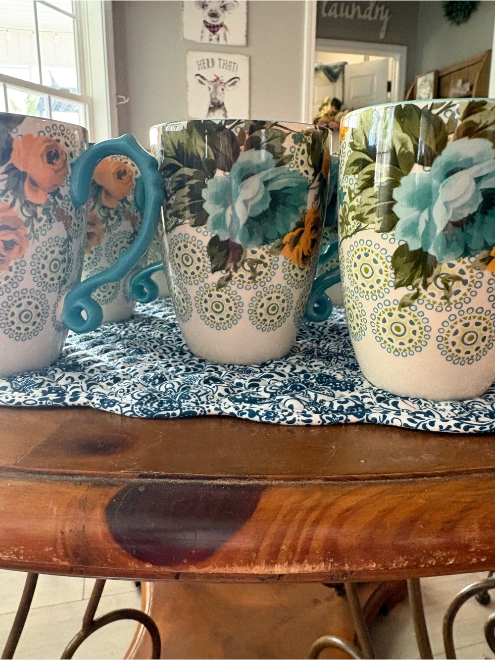 Floral Ceramic Mugs with Teal Handles - Set of 8